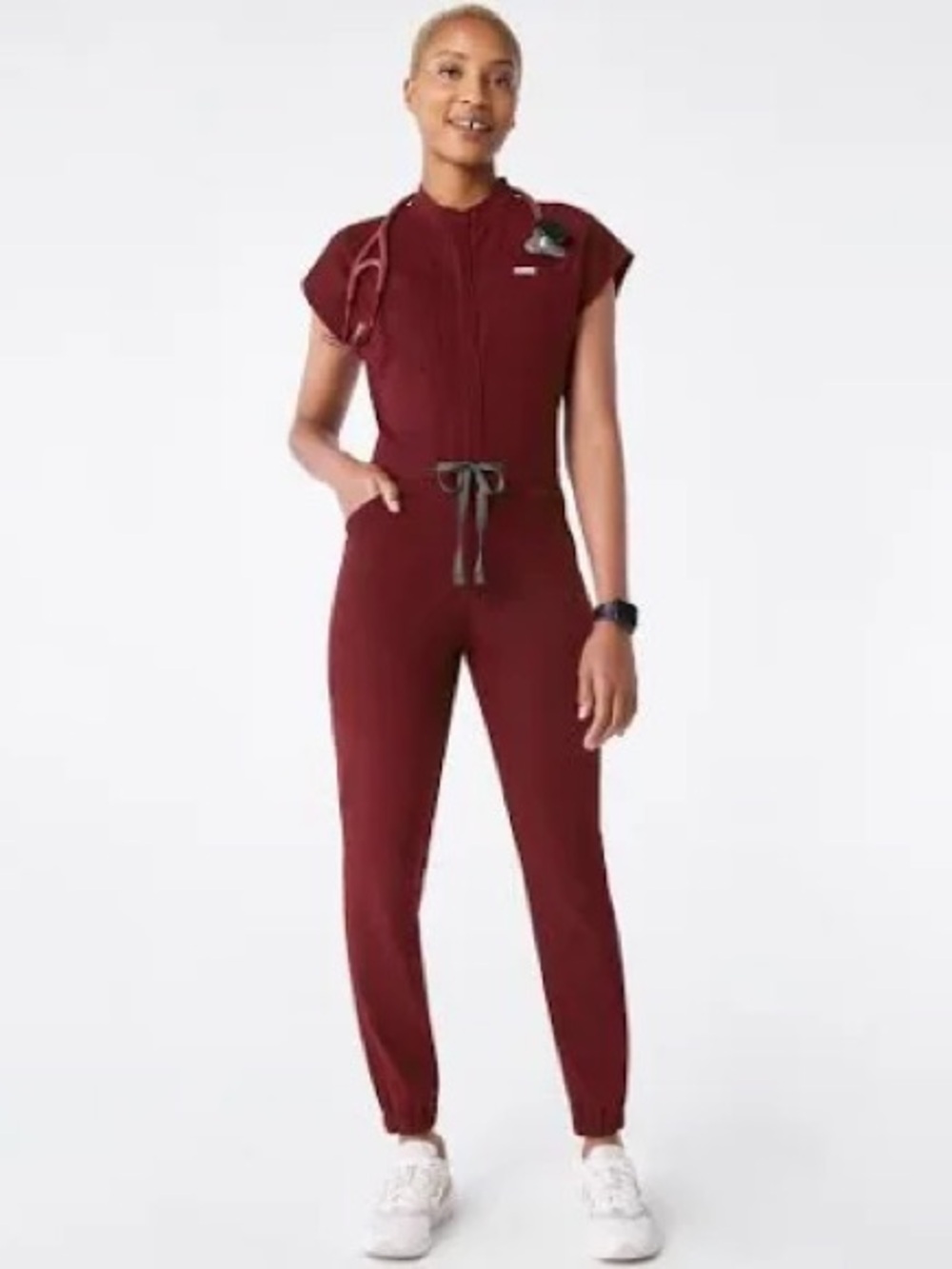 Figs Women's Burgundy Zip Jumpsuit with Drawcord Waist